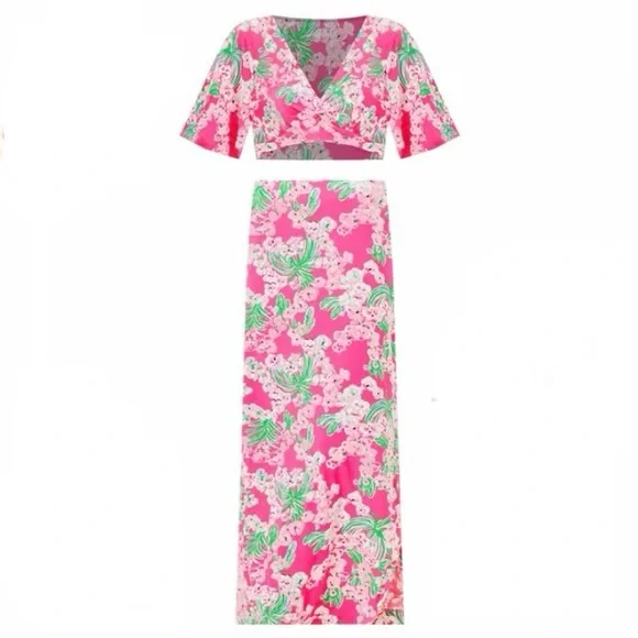 LILLY PULITZER Minka Maxi Skirt 2 Piece Set Roxie Pink Worth A Look Crop Top NWT